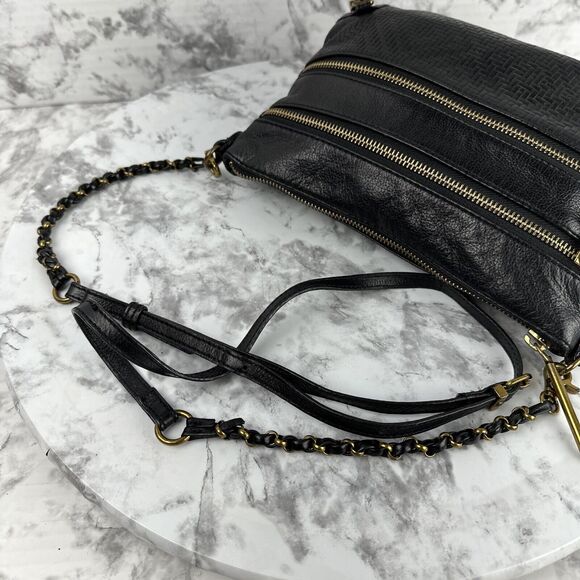 Elliott Lucca Black Leather Crossbody Brass Multi Zipper Pockets Chain Strap - Picture 7 of 10